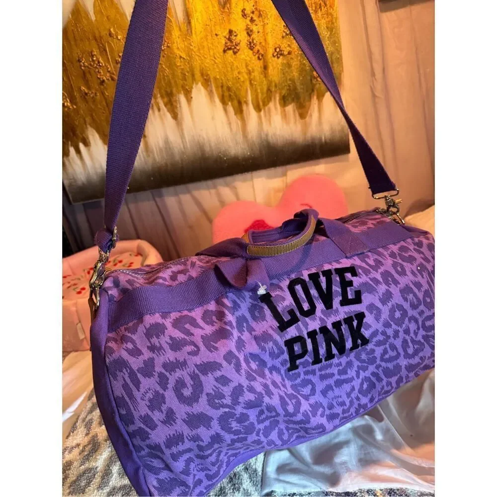 Victorias secret pINK purple leopard canvas vintage y2k duffle bag fashion